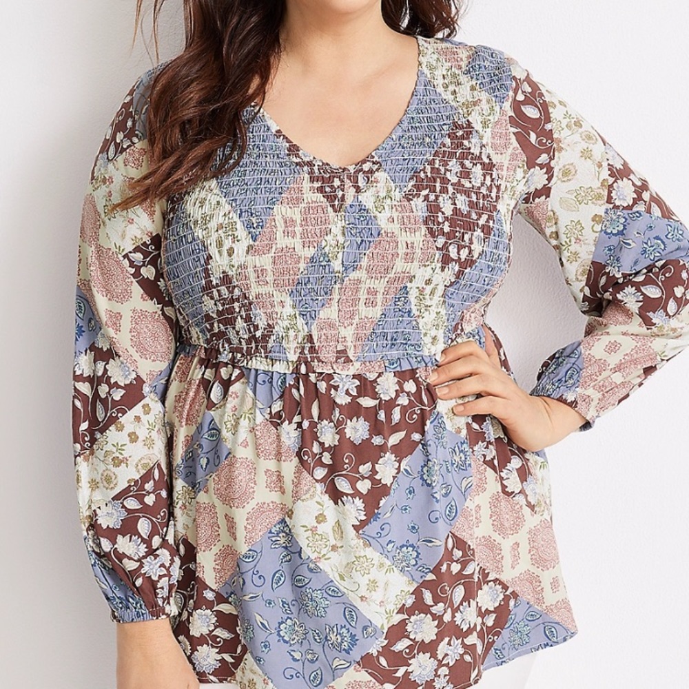 Maurice’s Women’s Blouse Floral Long Sleeve Rayon Smocked Bust Blouse 3X